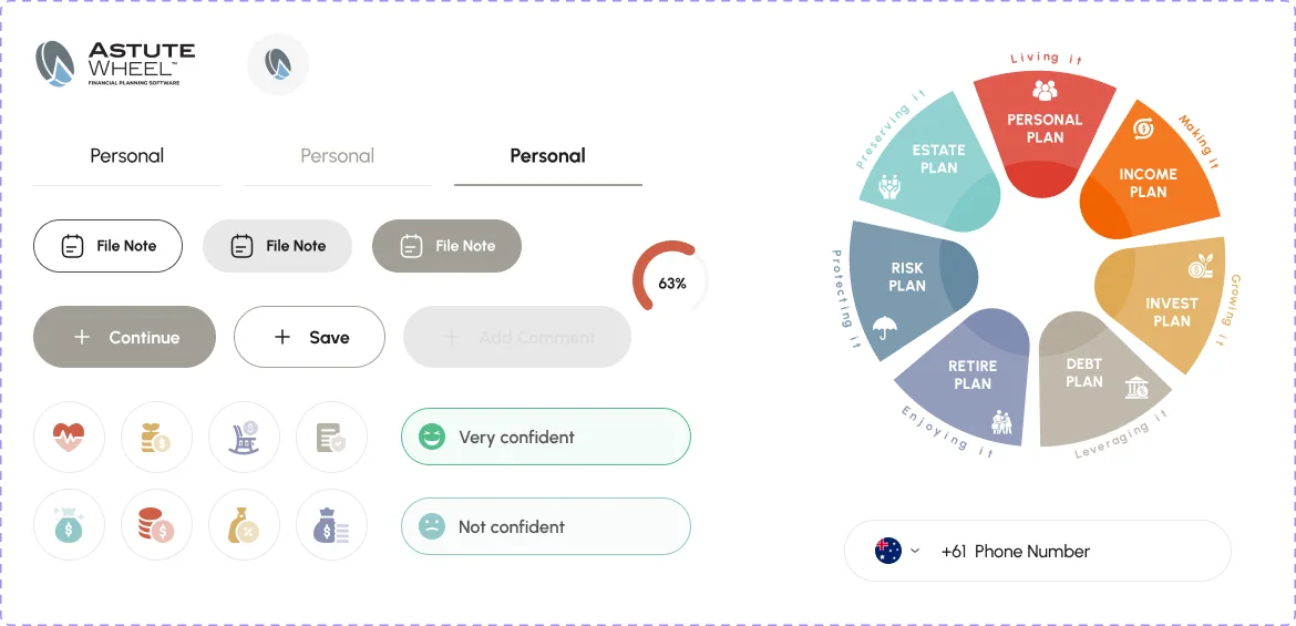 AstuteWheel component board: logo, Personal tabs, File Note buttons, Continue, Save and Add Comment buttons, plan icons, Very confident and Not confident options, the seven-plan wheel and the phone-number field