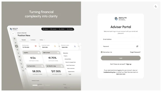 The AstuteWheel practice sign-up: licensee and practice details, with the step list on the left