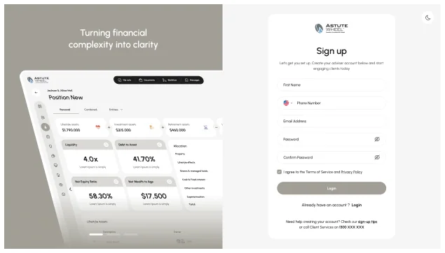 The AstuteWheel Practice Setup dialog: set up your team, invite adviser and staff users