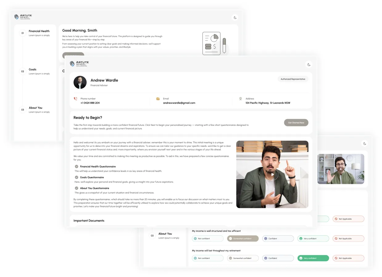 Three AstuteWheel client-journey screens: the Good Morning welcome with the three questionnaires, the adviser introduction with Ready to Begin, and the Financial Health questions with their four confidence options