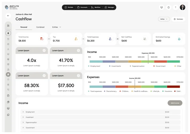 The AstuteWheel Cashflow screen with MyFlow projections