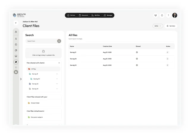 The AstuteWheel Client Files module: search, folders shared with the client and the All files table