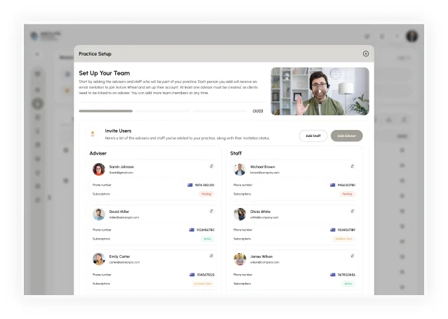 The AstuteWheel Practice Setup dialog with adviser and staff invitations