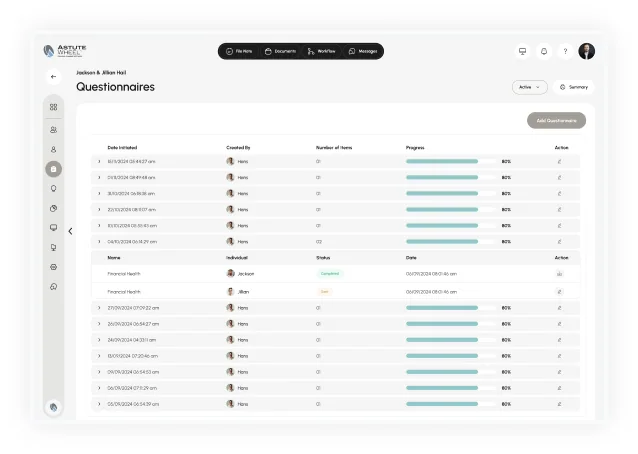 The AstuteWheel Questionnaires module: a table of questionnaires with creator, number of items and progress