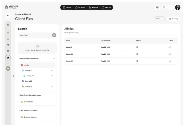 The AstuteWheel Messages screen: chat threads with subjects between adviser and client
