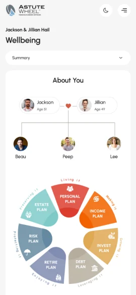 AstuteWheel at 402px: the Wellbeing summary with the About You tree and the wheel