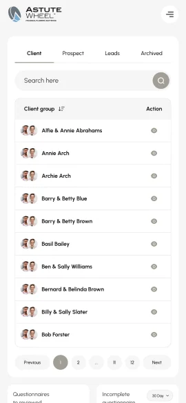 AstuteWheel at 402px: the client list with Client, Prospect, Leads and Archived tabs