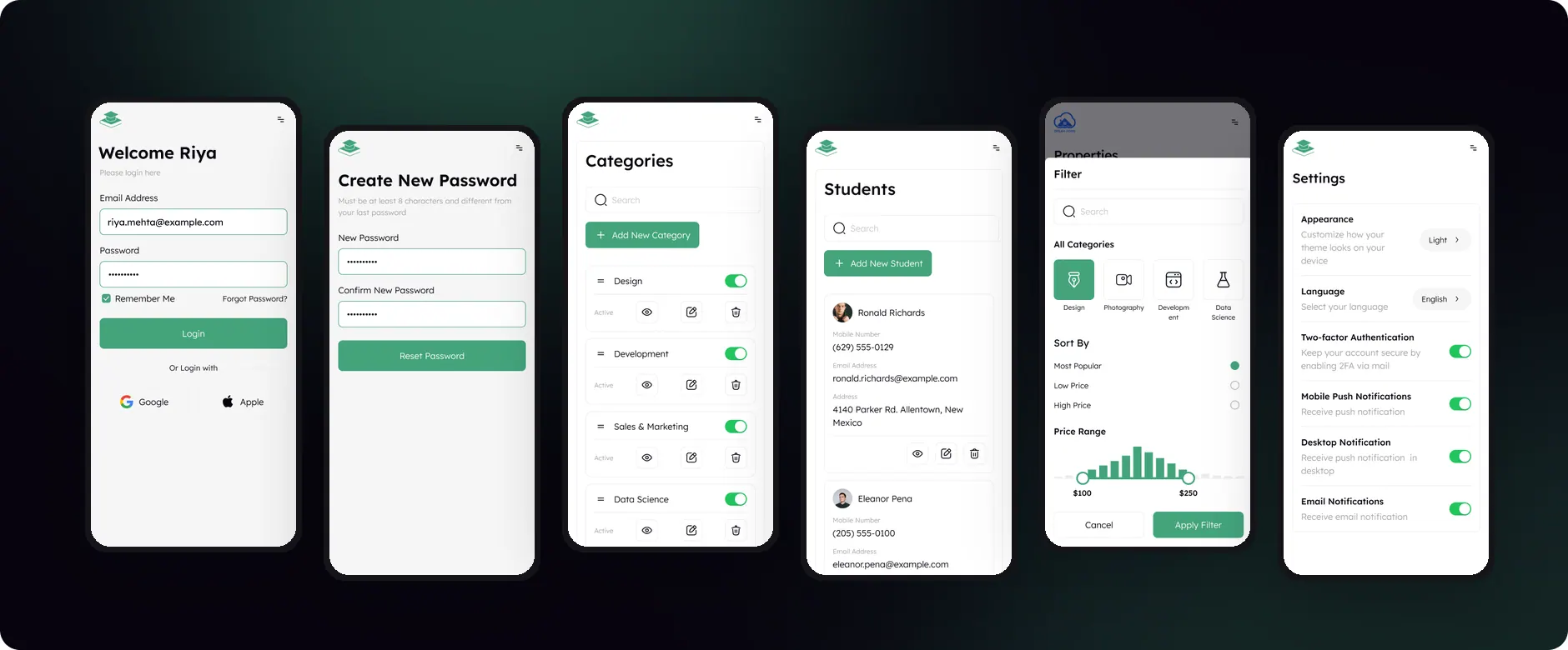 Six Coursedesk mobile screens at 375px: Login, Create New Password, Categories, Students, the course Filter sheet and Settings