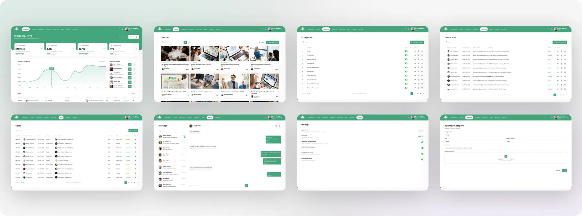 Eight Coursedesk desktop modules side by side: Dashboard, Courses, Categories, Instructors, Sales, Message, Settings and Add New Category