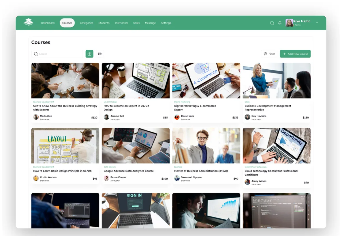 The Coursedesk Courses module in grid view: course cards with category, title, instructor and price, plus search, filter and Add New Course