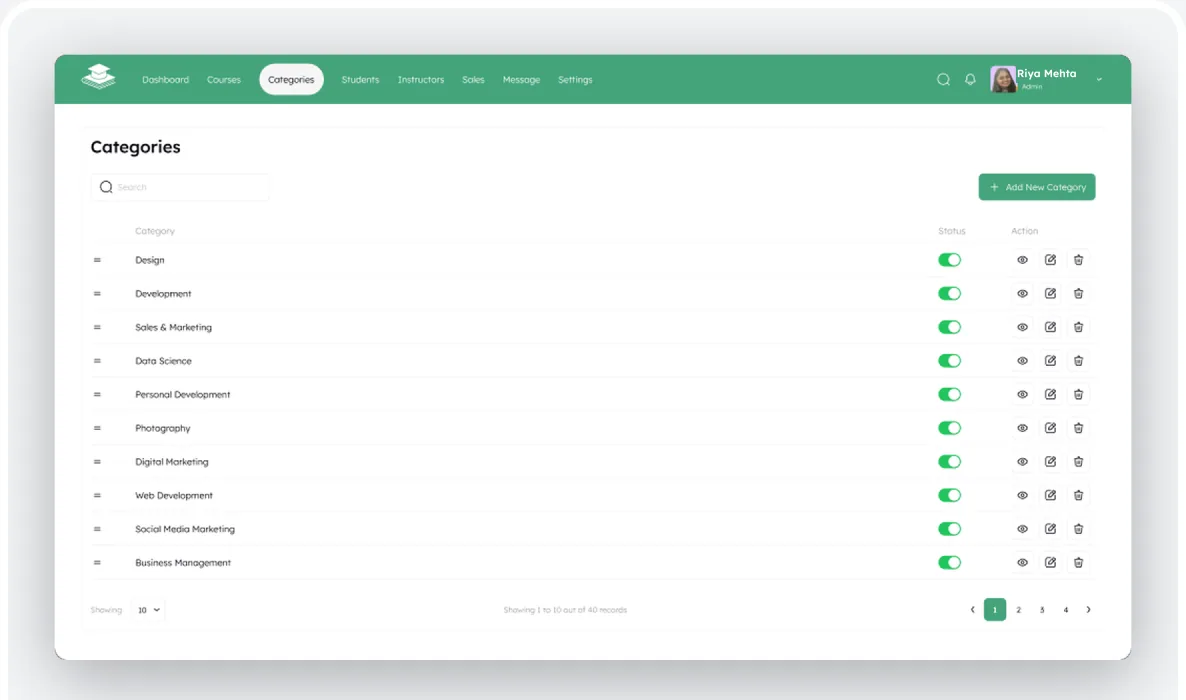 The Coursedesk Categories table: ten categories with a status toggle and view, edit and delete actions per row, and the Add New Category button