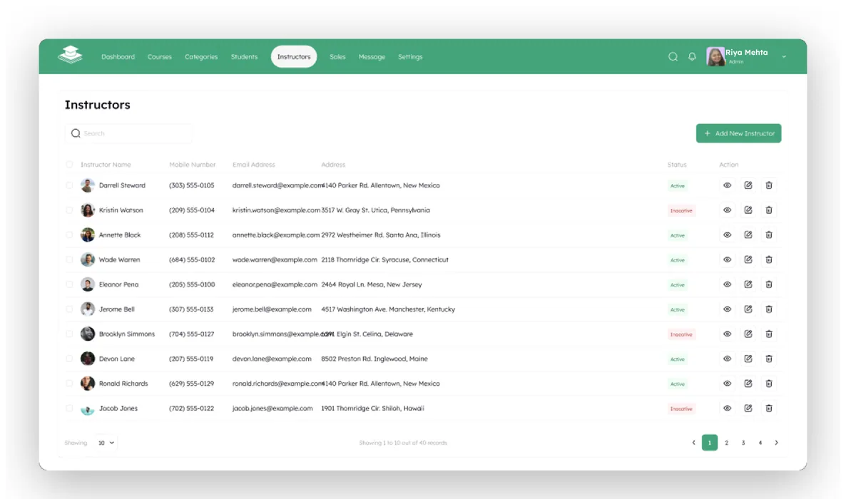 The Coursedesk Instructors table: name, mobile number, email, address, an Active or Inactive status chip and row actions, with the records footer