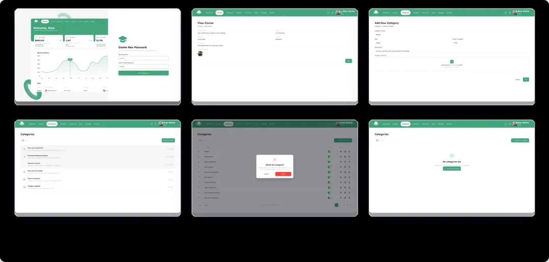 The six new Coursedesk screens: Create New Password, View Course, Add New Category, Notifications, the delete confirmation dialog and the Categories empty state