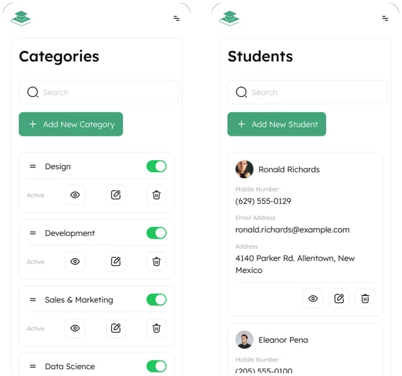 Coursedesk Categories and Students on a 375px phone after the rework: each record is a stacked card with its toggle and actions in view