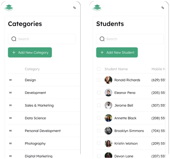 Coursedesk Categories and Students on a 375px phone as shipped: the desktop table columns run past the right edge and the row actions are cut off