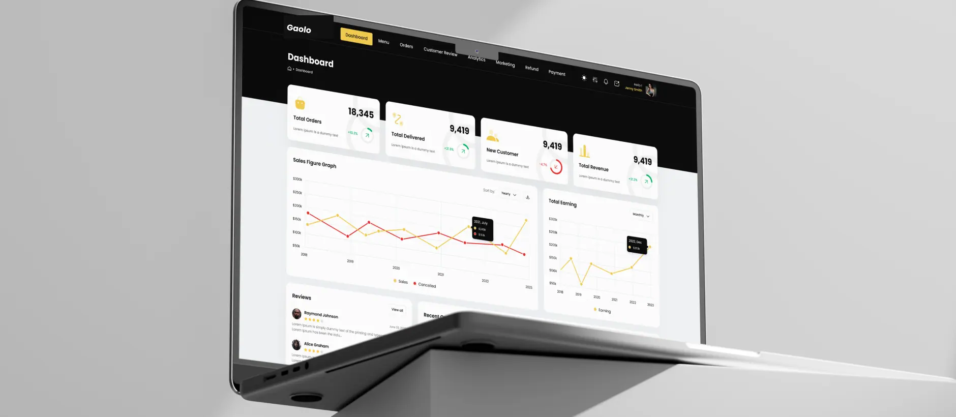 The Gaolo owner dashboard on a laptop, propped on a grey block