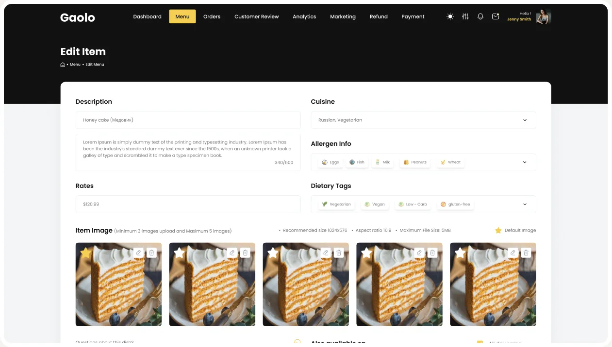 The Gaolo Edit Item form with five identical honey-cake photos