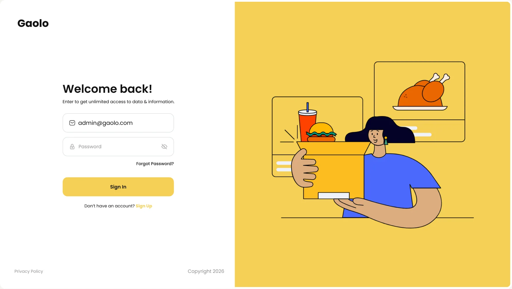 The Gaolo desktop sign-in screen: Welcome back form beside the yellow food-delivery illustration