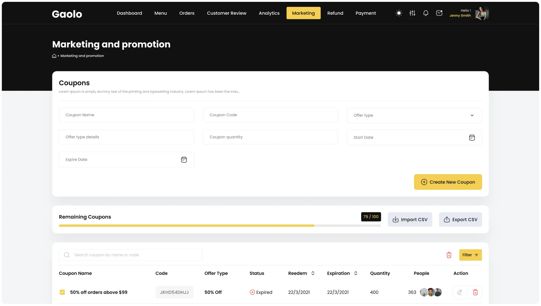The Gaolo Marketing and promotion coupons screen