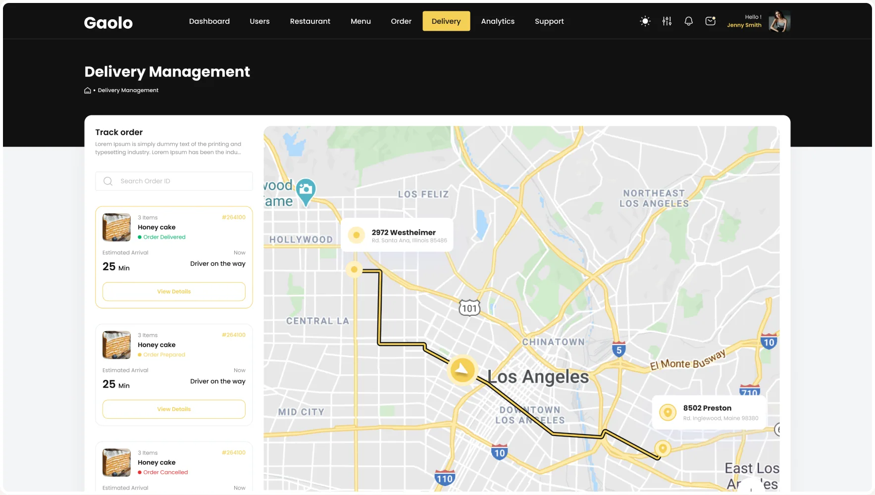 The Gaolo Delivery Management screen for the Platform Admin: a track-order list beside a live Los Angeles courier map