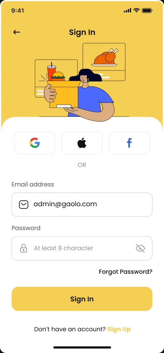 Gaolo mobile Sign In screen