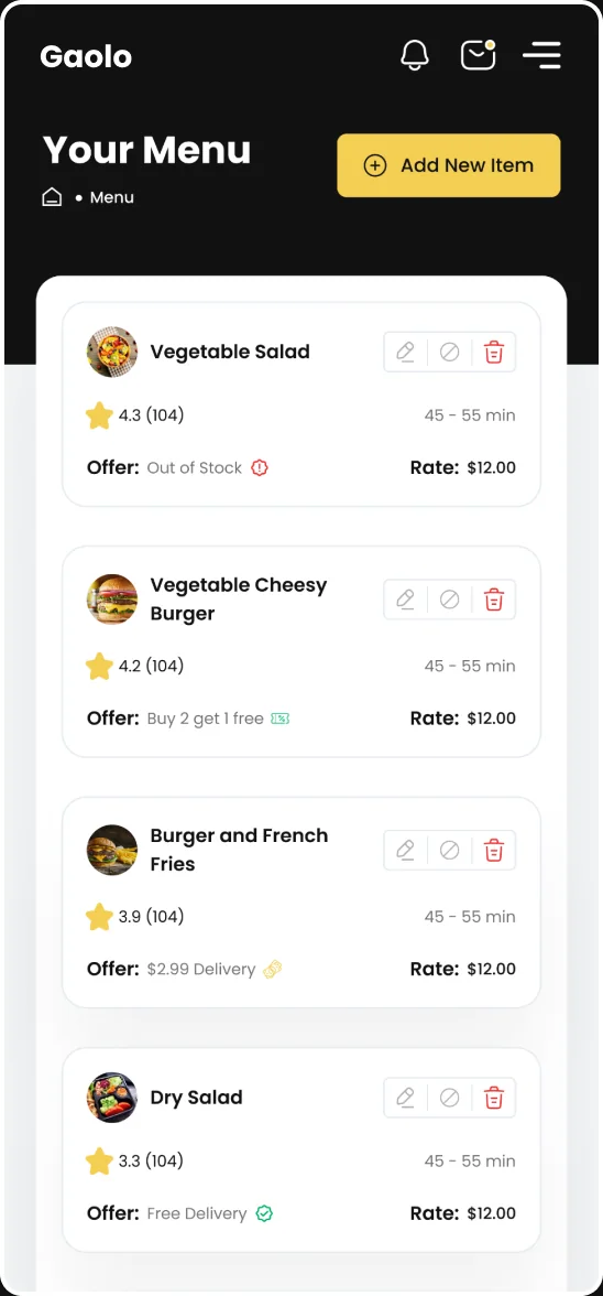 Gaolo mobile Your Menu list, each item at (104) reviews