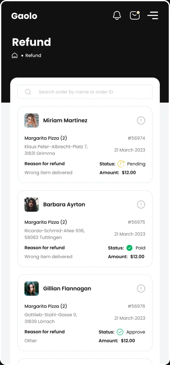 Gaolo mobile Refund list with reasons and status