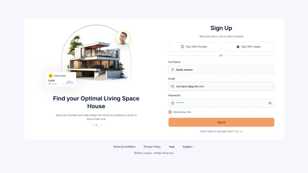 The LANDLUST Sign Up screen with Google and Apple sign-in and the full name, email and password fields