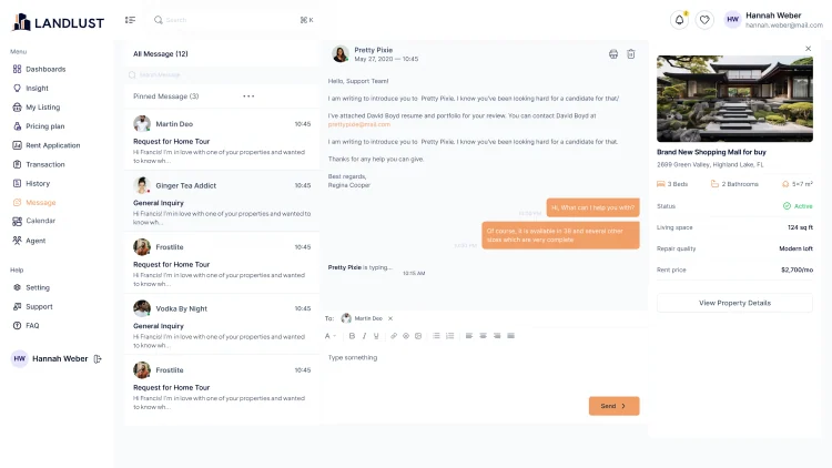 The LANDLUST message thread and property card in front of the dashboard