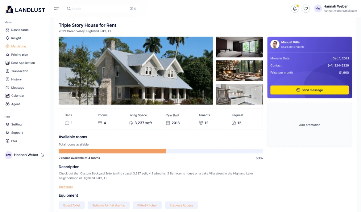 The LANDLUST property details screen: photo gallery, 3,237 sqft, year built, units, the description and the agent card
