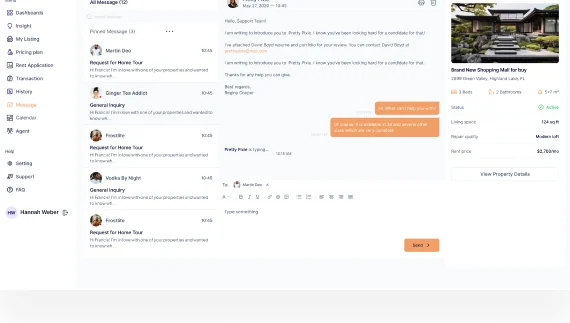 The LANDLUST message screen with the conversation list and an open thread