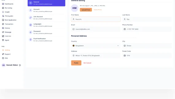 The LANDLUST settings screen with general, account and linked accounts tabs
