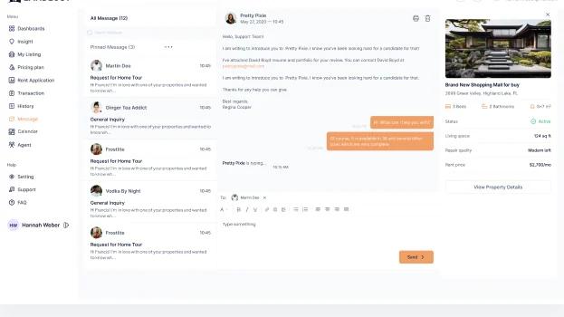 The LANDLUST message screen with the agent and applicant thread