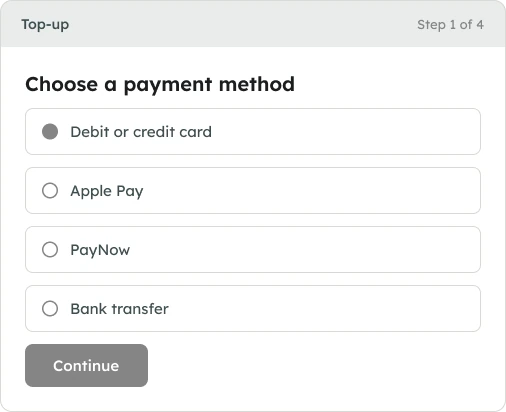 Wireframe of the first of four top-up pages: choose a payment method, with no balance or amount on screen