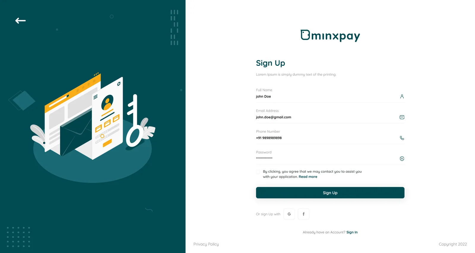 Minxpay sign-up screen
