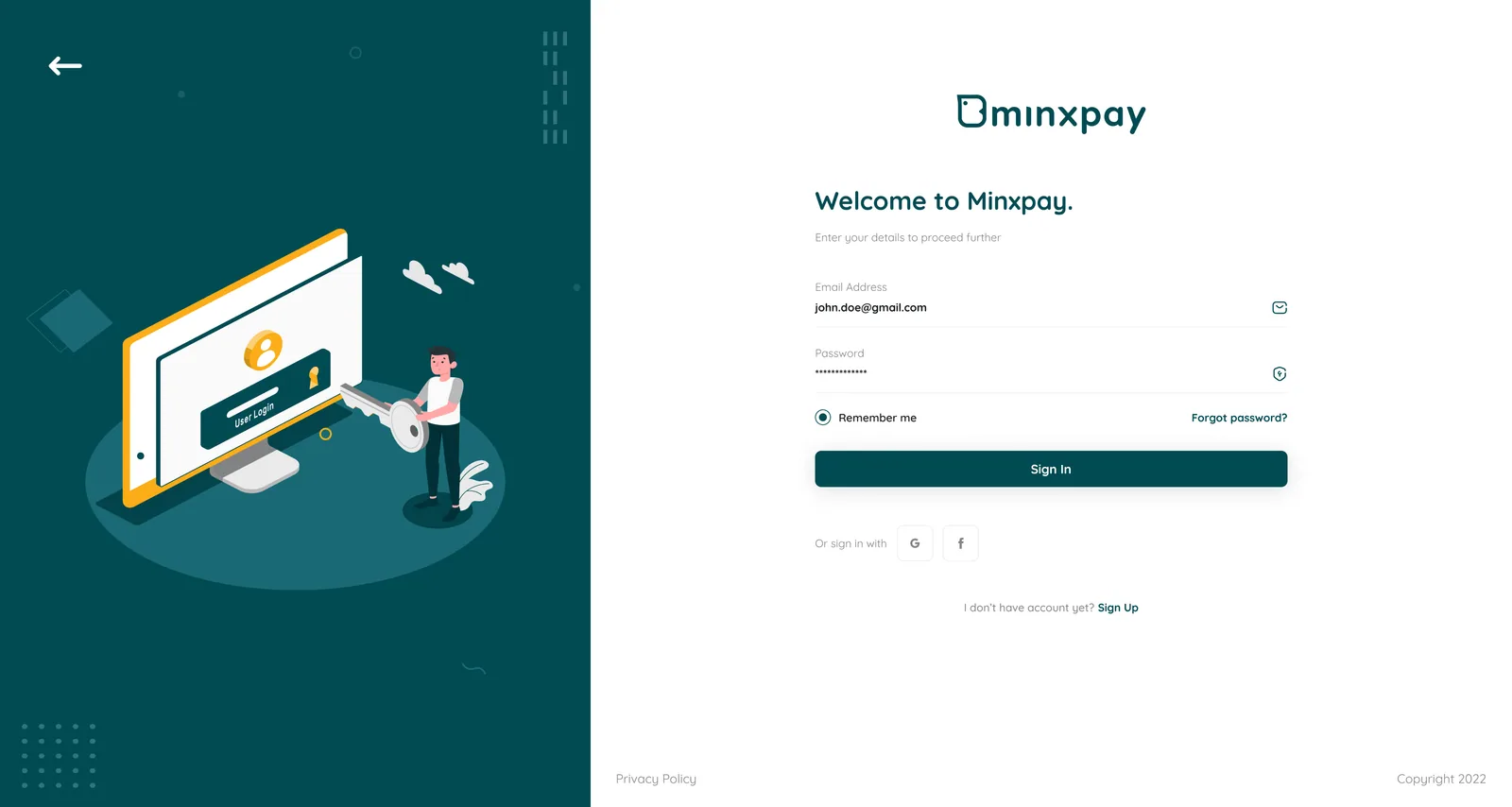 Minxpay sign-in screen with the Welcome to Minxpay form