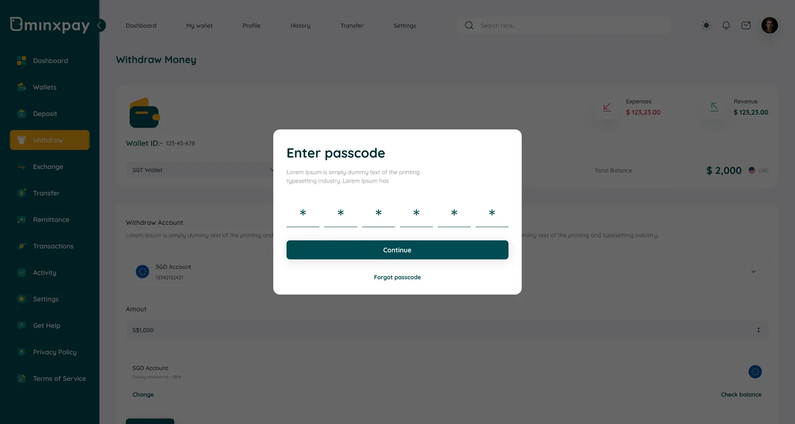Minxpay Enter passcode overlay on the withdraw screen