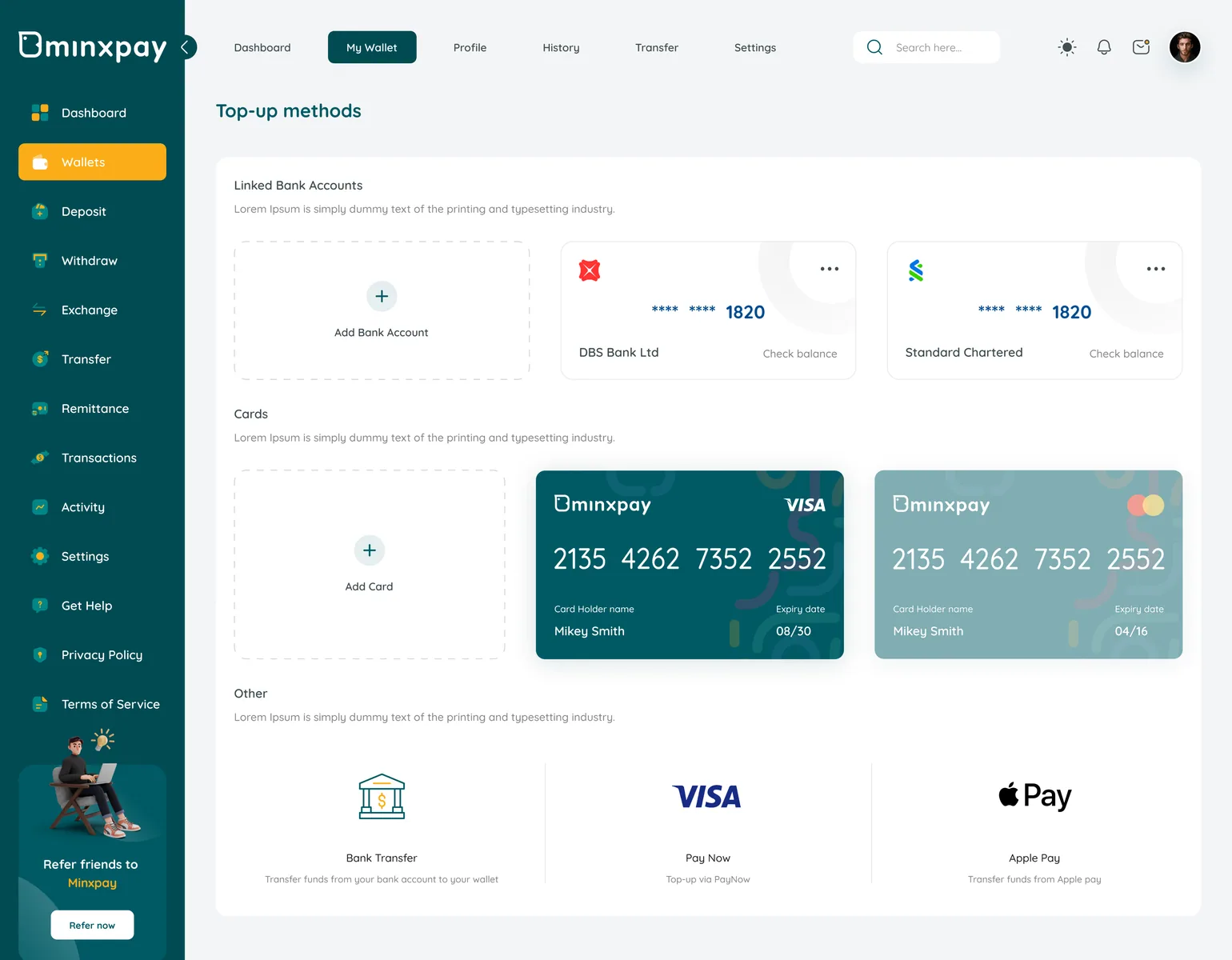 Minxpay top-up methods: linked bank accounts, cards, bank transfer, PayNow and Apple Pay