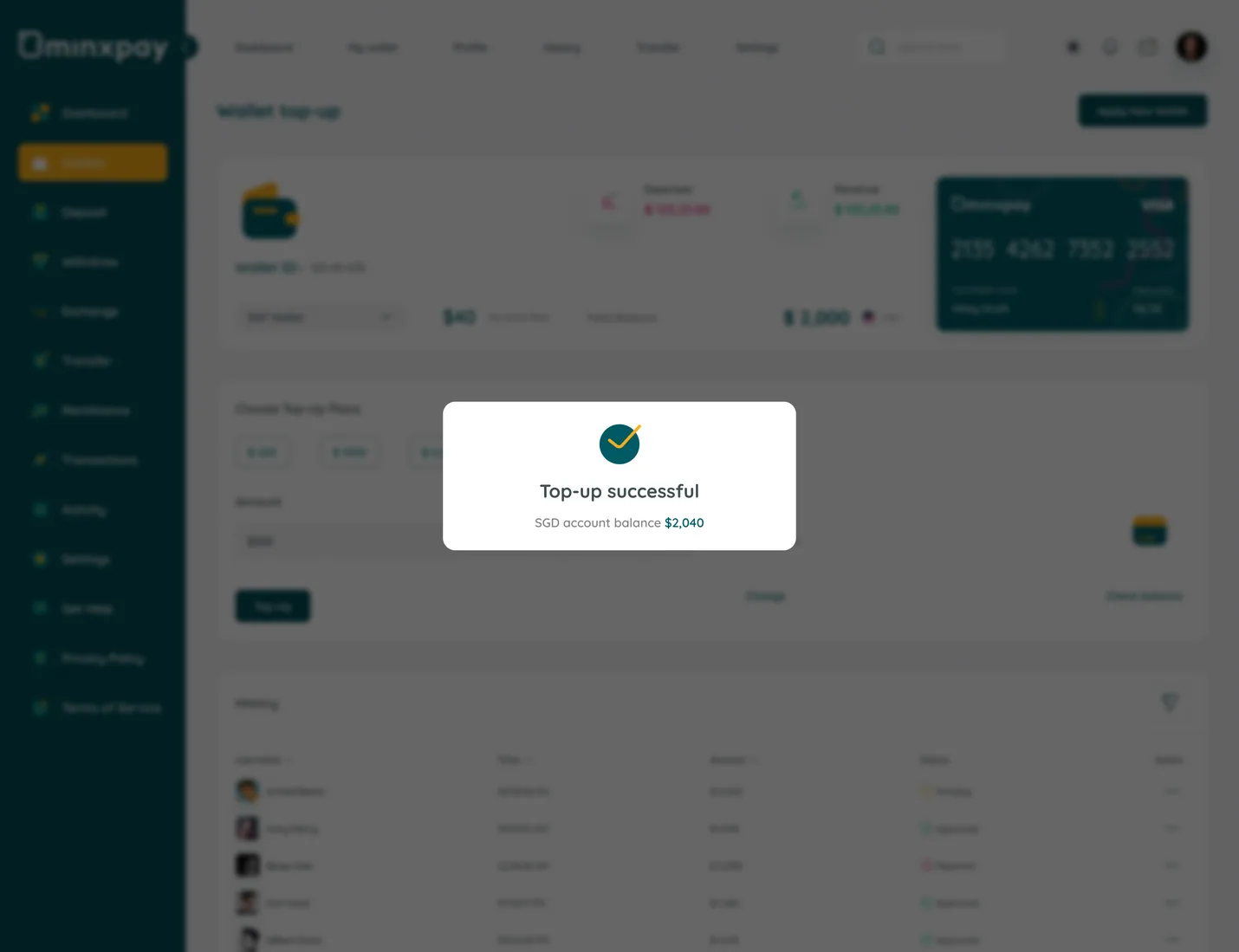 Minxpay top-up successful confirmation overlay