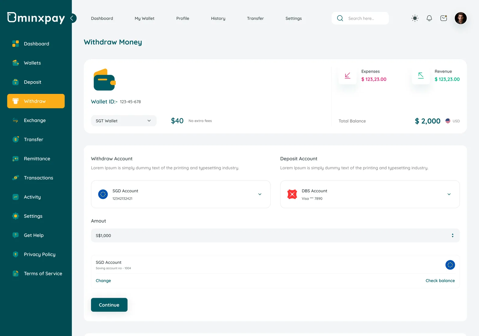 Minxpay withdraw money screen: choose accounts and amount