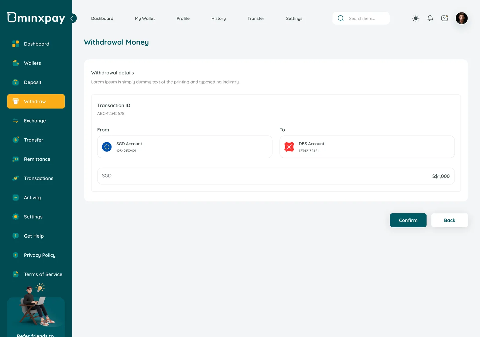 Minxpay withdrawal review showing Transaction ID and From/To accounts