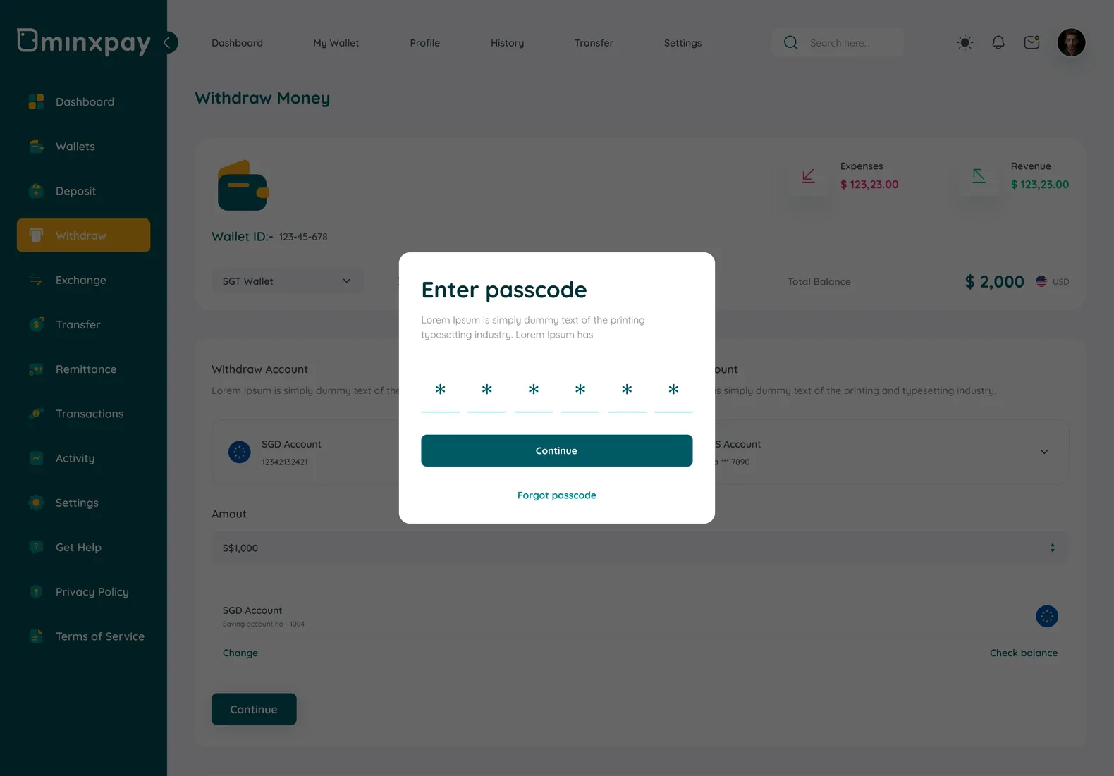 Minxpay passcode entry overlay during a withdrawal