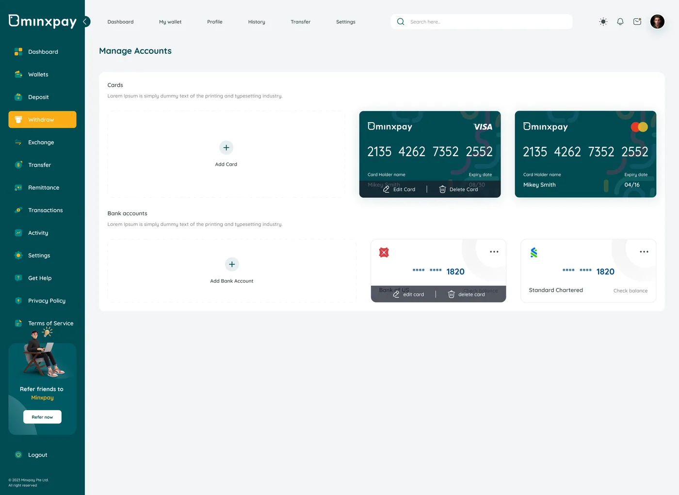 Minxpay manage accounts screen with cards and bank accounts