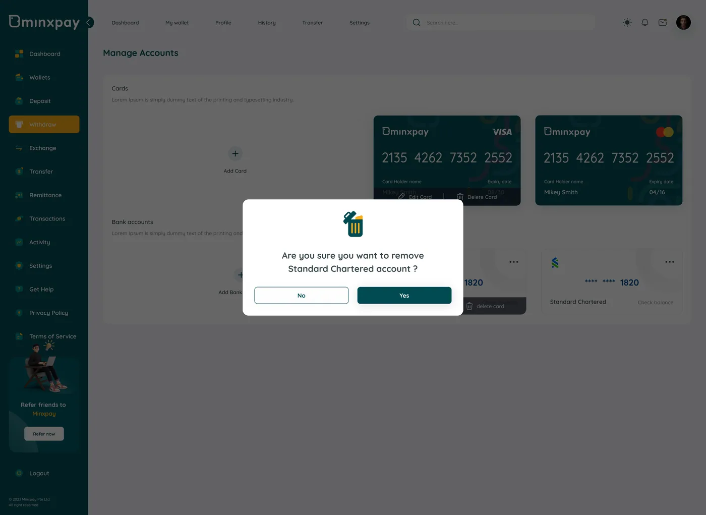 Minxpay confirmation dialog naming the Standard Chartered account to remove
