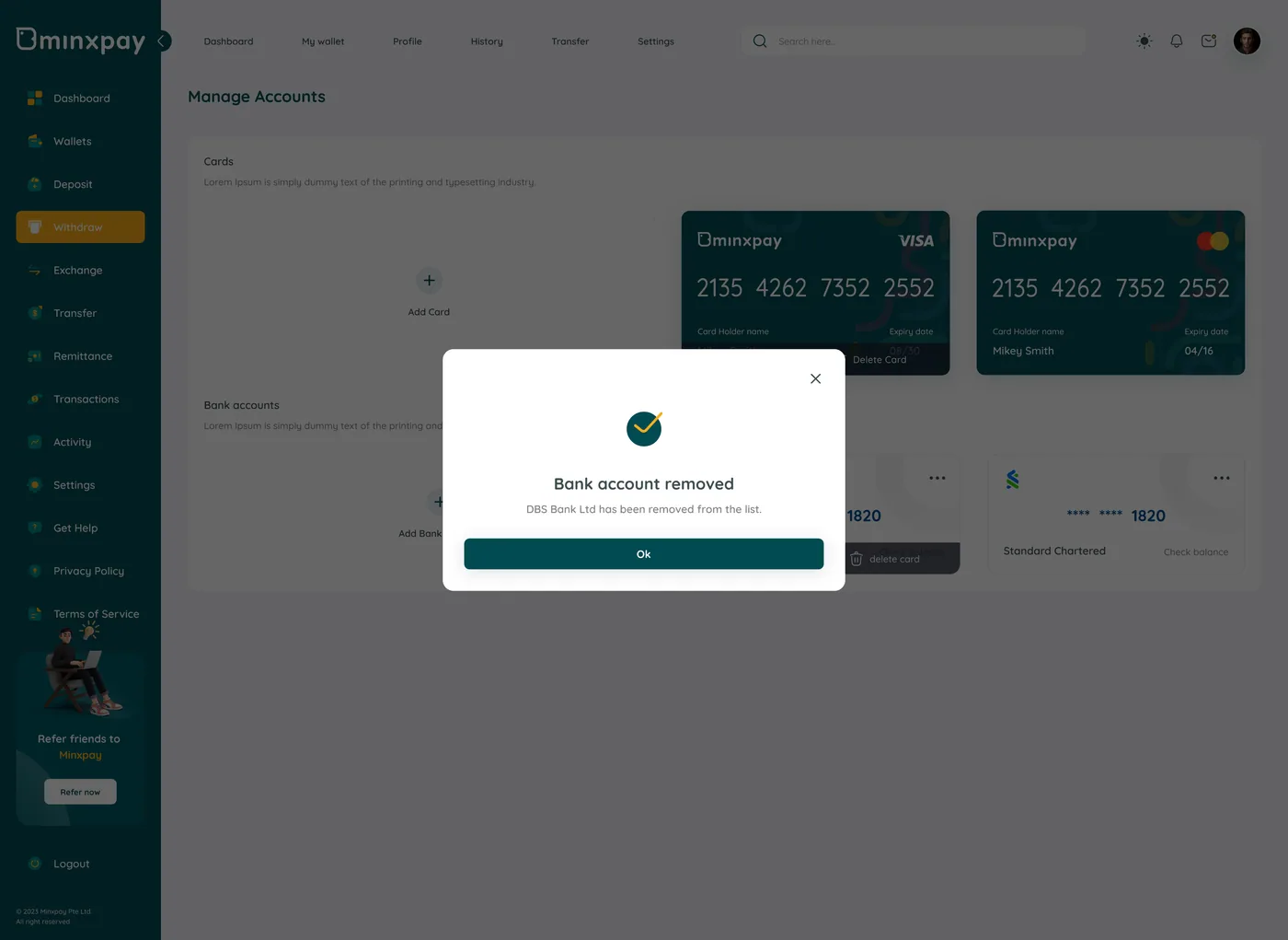 Minxpay bank account removed confirmation