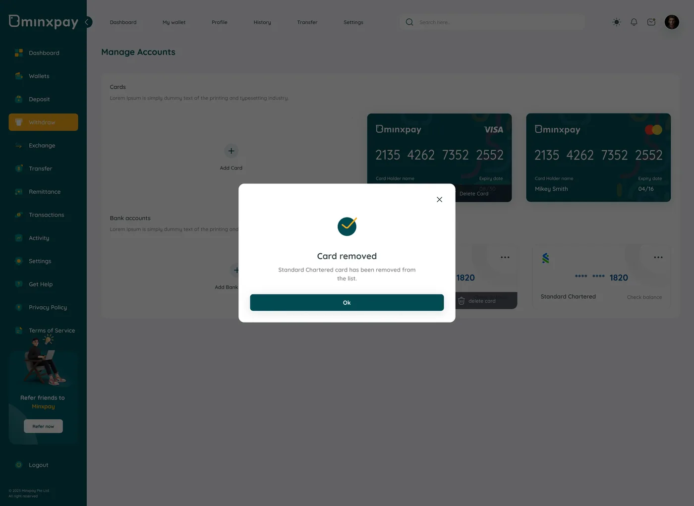 Minxpay card removed confirmation