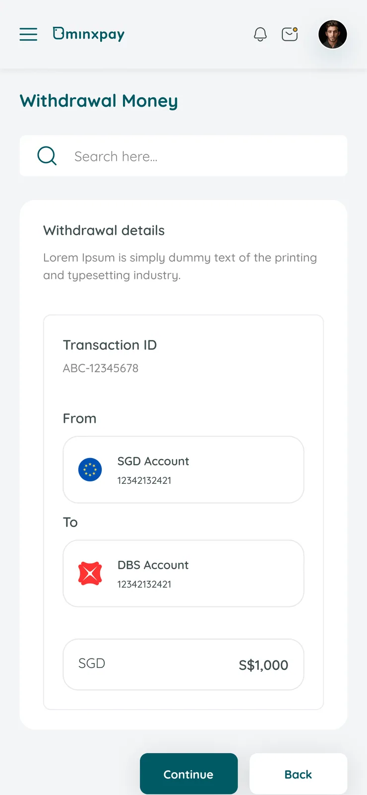 Minxpay mobile withdrawal review screen