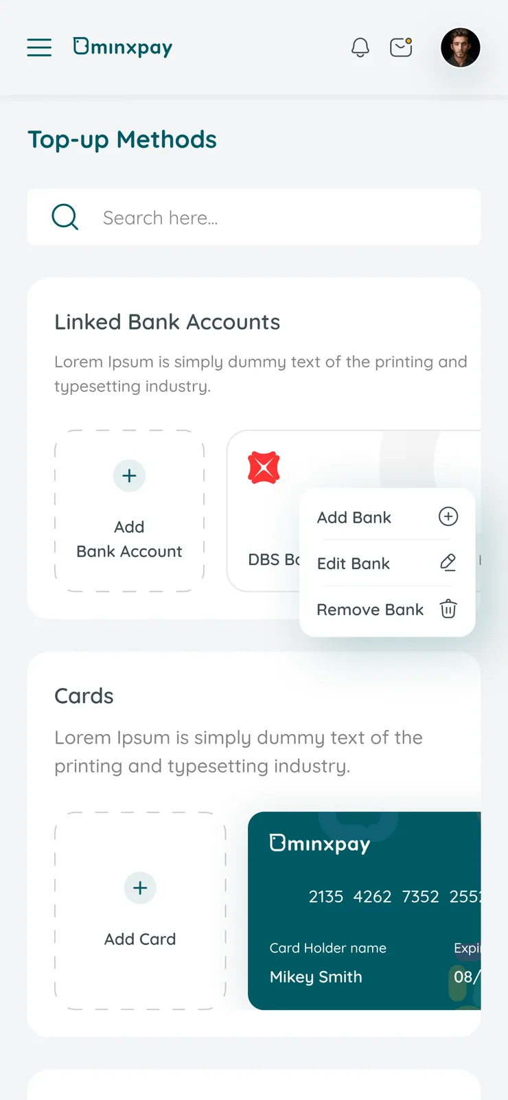 Minxpay mobile top-up methods screen