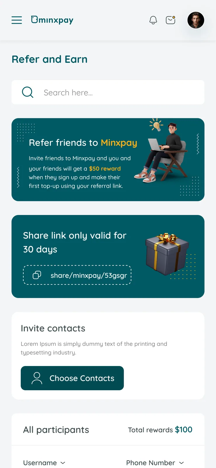 Minxpay mobile refer and earn screen