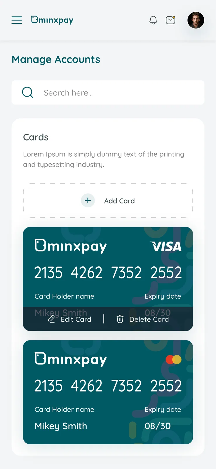 Minxpay mobile manage accounts screen